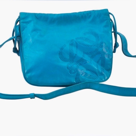 Authentic Blue LOEWE Anagram Vintage Shoulder Bag Purse Leather - Picture 1 of 8